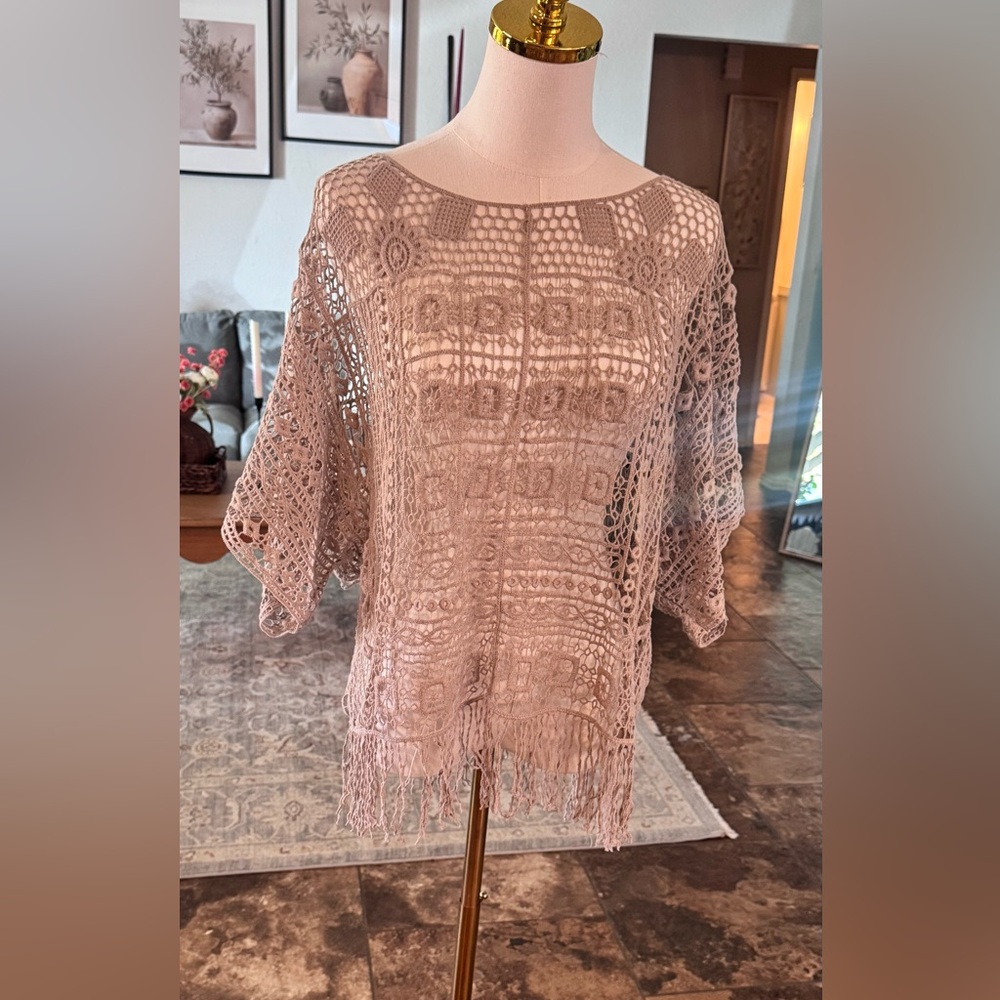 Boho Crochet Lace Top Beige Fringe Sheer Festival Blouse Size S/M